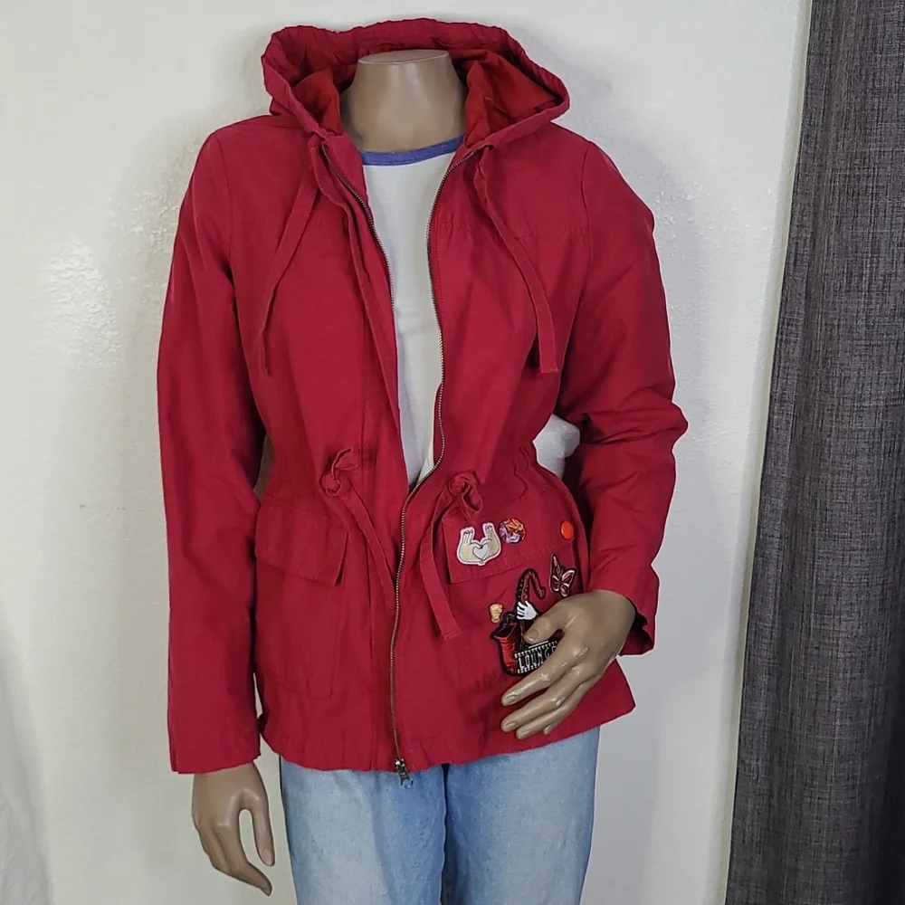Jacket Size Medium Burgundy Red Cotton Hoodie Upcycled Patches Unique Gift Fun - Picture 1 of 9